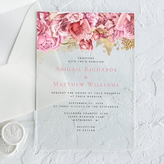 Invitations En Acrylique Mariage floral romantique rose or