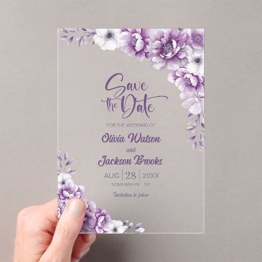 Invitations En Acrylique Mariage floral rose élégant Enregistrer la date (In situ (ordinateur de poche))