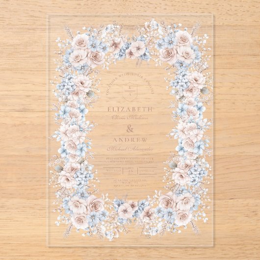 Invitations En Acrylique Mariage floral rose et bleu (Recto)