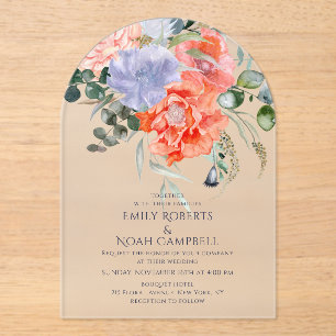 Invitations En Acrylique Mariage floral rose et bleu clair