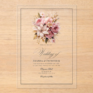 Invitations En Acrylique Mariage floral rose et or transparent