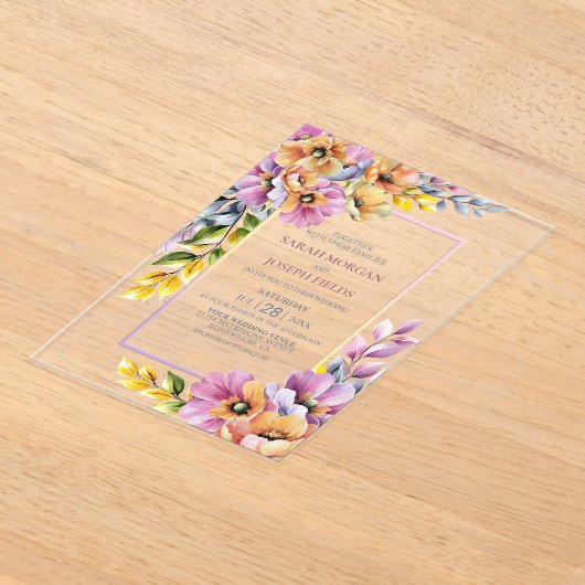 Invitations En Acrylique Mariage floral rose et orange (Poser)