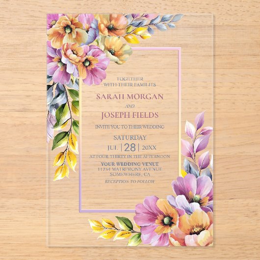 Invitations En Acrylique Mariage floral rose et orange (Recto)
