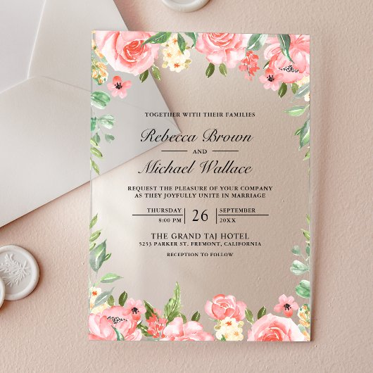 Invitations En Acrylique Mariage Floral Rose Pâle