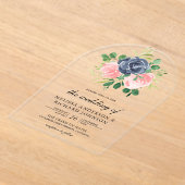 Invitations En Acrylique Mariage Floral Rose Pâle Bleu Marine (Poser)