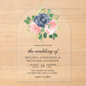 Invitations En Acrylique Mariage Floral Rose Pâle Bleu Marine (Recto)