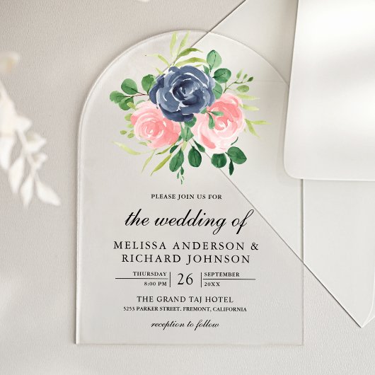 Invitations En Acrylique Mariage Floral Rose Pâle Bleu Marine