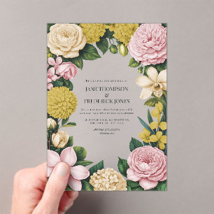 Invitations En Acrylique Mariage floral rose poudré, champagne et or