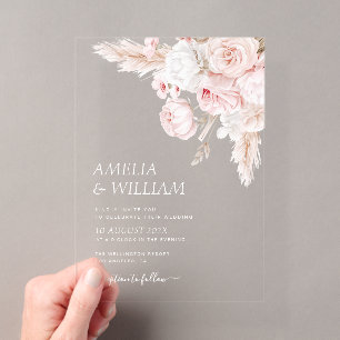 Invitations En Acrylique Mariage floral rose poussiéreuse moderne