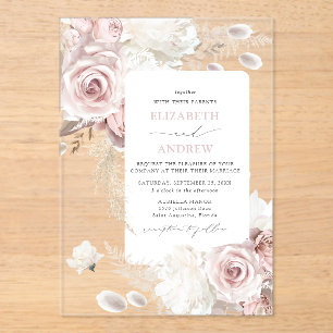Invitations En Acrylique Mariage Floral Rose Poussiéreux Blush Élégant