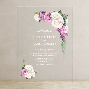 Invitations En Acrylique Mariage Floral Rose Rose et Blanc