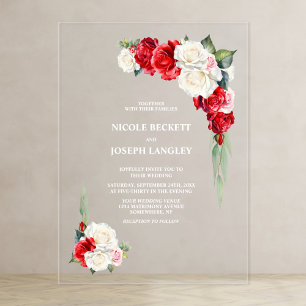 Invitations En Acrylique Mariage Floral Rose rouge et blanc