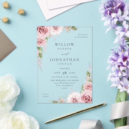 Invitations En Acrylique Mariage floral rose vif V2 (Insitu (Mariage))