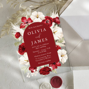 Invitations En Acrylique Mariage Floral Rouge et Blanc Romantique Vibrant