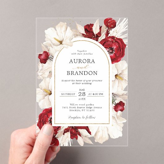 Invitations En Acrylique Mariage floral rouge rubis et blanc (In situ (ordinateur de poche))