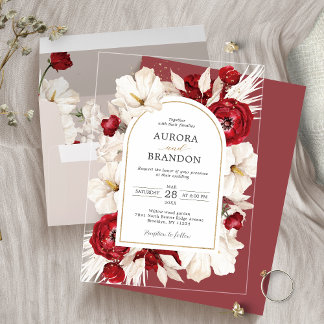 Invitations En Acrylique Mariage floral rouge rubis et blanc