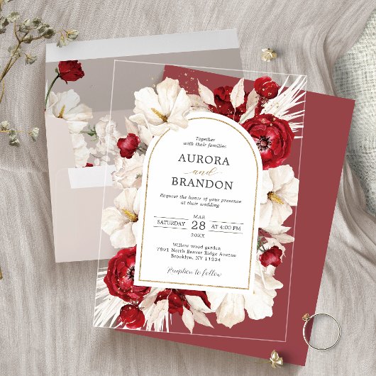 Invitations En Acrylique Mariage floral rouge rubis et blanc