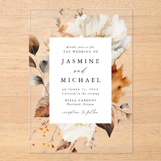 Invitations En Acrylique Mariage floral rustique d'automne (Recto)