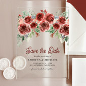 Invitations En Acrylique Mariage floral rustique Marsala Enregistrer la dat