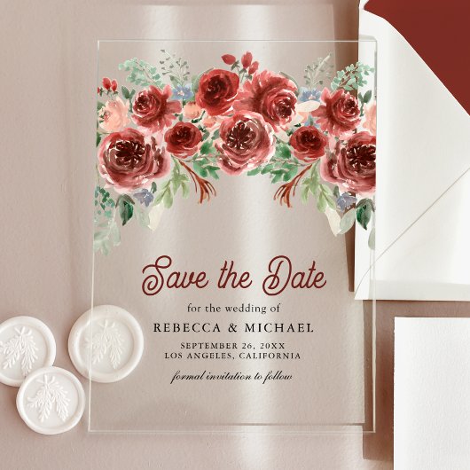 Invitations En Acrylique Mariage floral rustique Marsala Enregistrer la dat