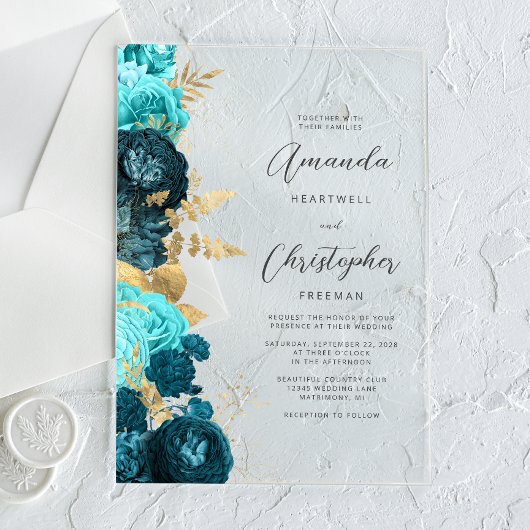 Invitations En Acrylique Mariage Floral Script Or Aqua Sarcelle