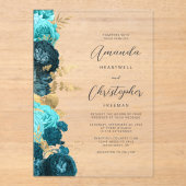 Invitations En Acrylique Mariage Floral Script Or Aqua Sarcelle (Recto)
