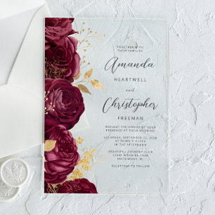 Invitations En Acrylique Mariage Floral Script Or Bourgogne