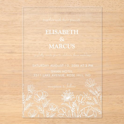 Invitations En Acrylique Mariage floral simple vert olive (Recto)