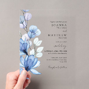 Invitations En Acrylique Mariage Floral Transparent Bleu Élégant
