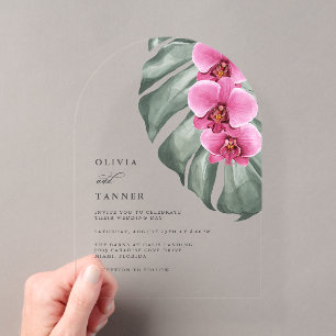 Invitations En Acrylique Mariage Floral Tropical Monstera Orchidées Rose Ch