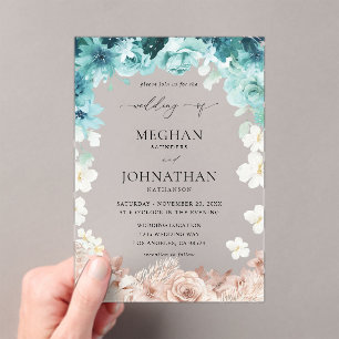 Invitations En Acrylique Mariage floral turquoise et rose pâle