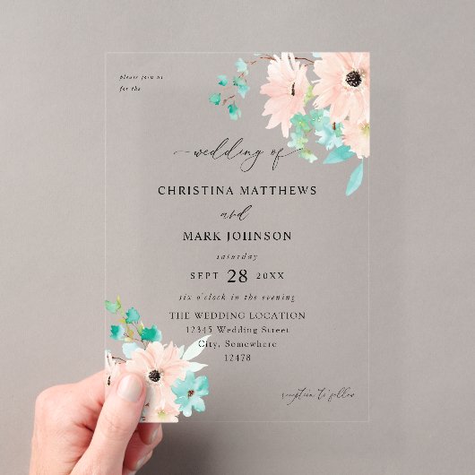 Invitations En Acrylique Mariage Floral Vert Menthe et Rose (In situ (ordinateur de poche))