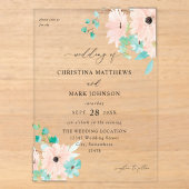 Invitations En Acrylique Mariage Floral Vert Menthe et Rose (Recto)