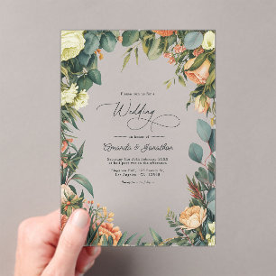 Invitations En Acrylique Mariage Floral Vert Sauge, Pêche et Crème