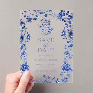 Invitations En Acrylique Mariage Floral Vintage Chinoiserie Bleu Profond