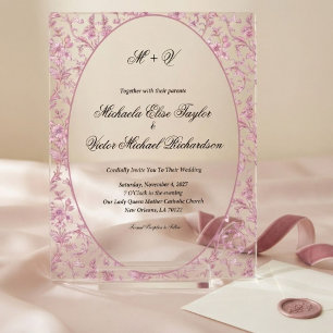 Invitations En Acrylique Mariage Floral Vintage Rose Poussiéreuse Toile de