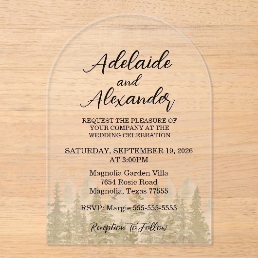 Invitations En Acrylique Mariage forestier de bois vert (Recto)