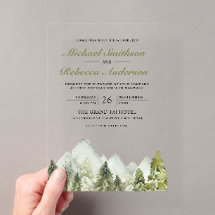 Invitations En Acrylique Mariage forêt de pins de montagne à l'aquarelle