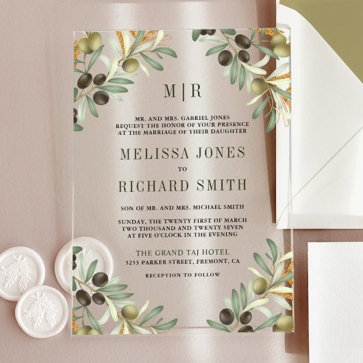 Invitations En Acrylique Mariage Formel aux Feuilles d'Olivier