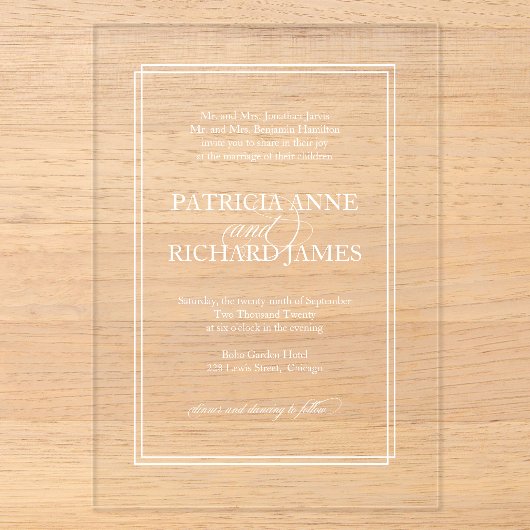 Invitations En Acrylique Mariage Formel Élégant Simple (Recto)