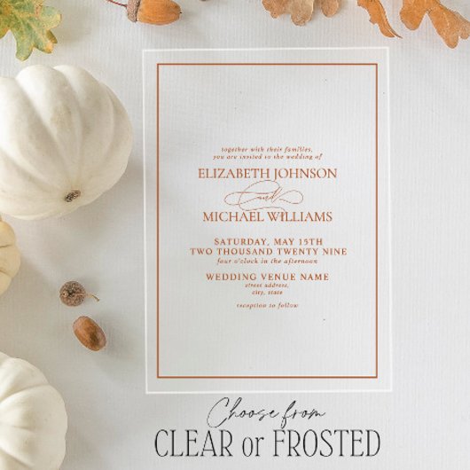 Invitations En Acrylique Mariage Formel en Orange Brûlé Script Classique