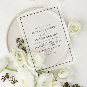 Invitations En Acrylique Mariage Formel Noir & Blanc Écriture Classique