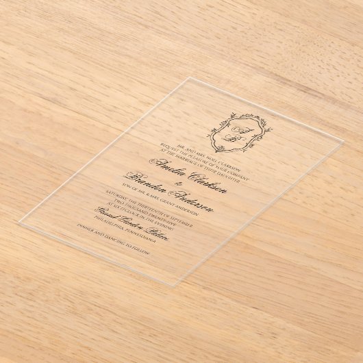 Invitations En Acrylique Mariage Formel noir & blanc Floral Monogram Crest (Poser)
