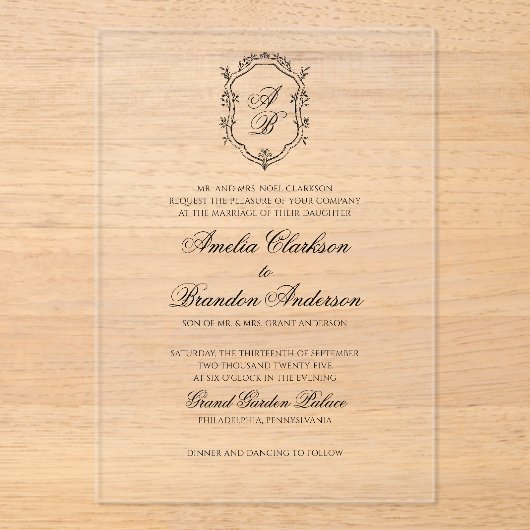 Invitations En Acrylique Mariage Formel noir & blanc Floral Monogram Crest (Recto)