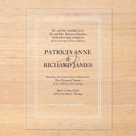 Invitations En Acrylique Mariage formel simple et élégant (Recto)