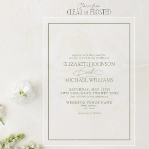 Invitations En Acrylique Mariage Formel Vert Sauge Écriture Classique