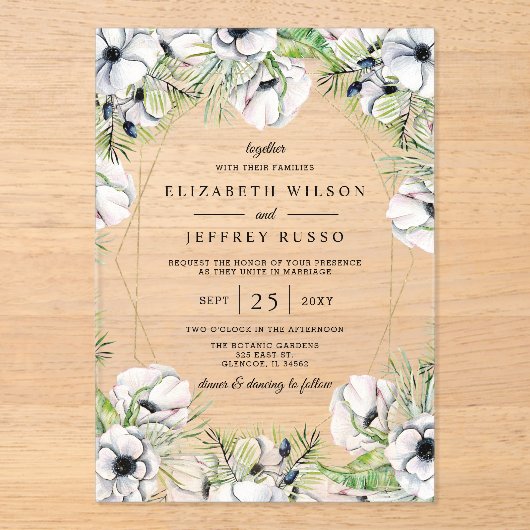 Invitations En Acrylique Mariage géométrique argent blanc anémone or (Recto)