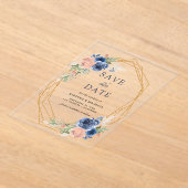 Invitations En Acrylique Mariage géométrique bleu rose marine Enregistrer l (Poser)