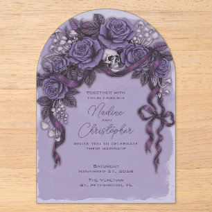 Invitations En Acrylique Mariage gothique lavande, Roses de crâne et Champi