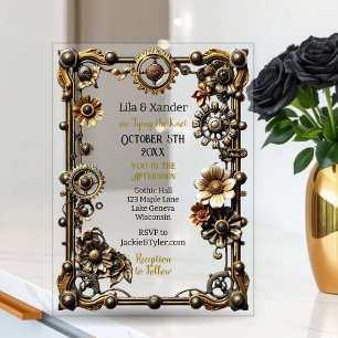 Invitations En Acrylique Mariage gothique métal argent et or Steampunk
